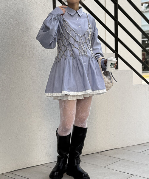 w closet（ダブルクローゼット）の「ストライプミニワンピースシャツ（シャツ/ブラウス・レディース・ブルー/オフホワイト・FREE）」の6枚目の写真