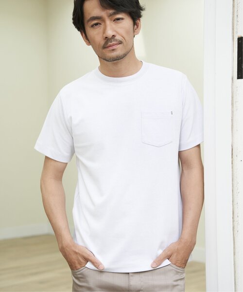 ikka（イッカ）の「ライトダンボールジャカード襟ダブルフェイスTシャツ（Tシャツ/カットソー・メンズ・ネイビー/ベージュ/ホワイト/ライム/ピンク/ブラック・S/M/L/XL）」の7枚目の写真