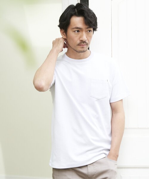 ikka（イッカ）の「ライトダンボールジャカード襟ダブルフェイスTシャツ（Tシャツ/カットソー・メンズ・ネイビー/ベージュ/ホワイト/ライム/ピンク/ブラック・S/M/L/XL）」の8枚目の写真