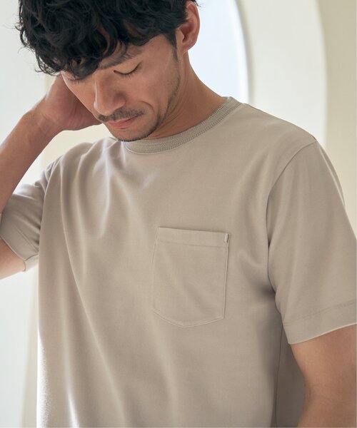 ikka（イッカ）の「ライトダンボールジャカード襟ダブルフェイスTシャツ（Tシャツ/カットソー・メンズ・ネイビー/ベージュ/ホワイト/ライム/ピンク/ブラック・S/M/L/XL）」の3枚目の写真