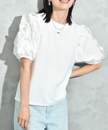 INTERPLANET | 【接触冷感・UV・吸水速乾】カットジョーゼット袖フリルパール付きプルオーバー(Tシャツ/カットソー)