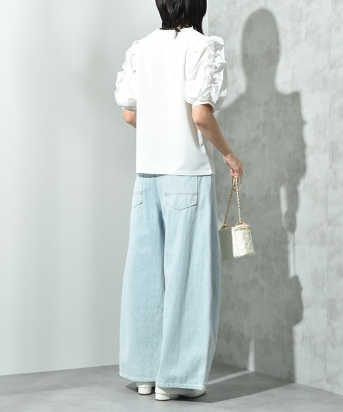 INTERPLANET（インタープラネット）の「【接触冷感・ＵＶ・吸水速乾】カットジョーゼット袖フリルパール付きプルオーバー（Tシャツ/カットソー・レディース・ブラック/オフホワイト・FREE）」の18枚目の写真