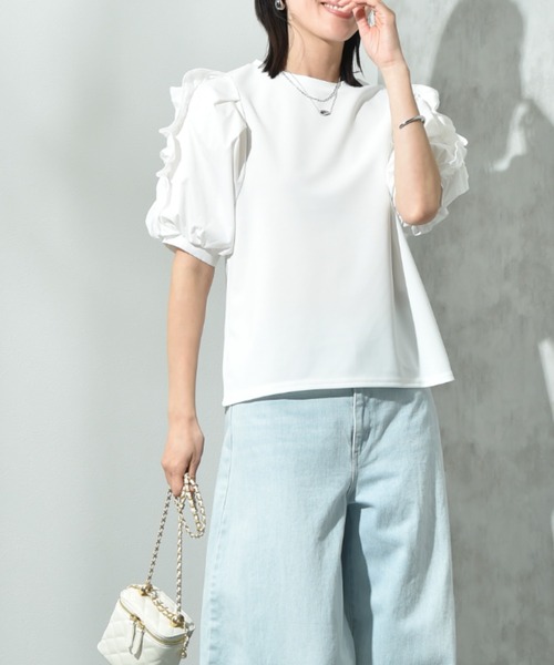 INTERPLANET（インタープラネット）の「【接触冷感・ＵＶ・吸水速乾】カットジョーゼット袖フリルパール付きプルオーバー（Tシャツ/カットソー・レディース・ブラック/オフホワイト・FREE）」の20枚目の写真