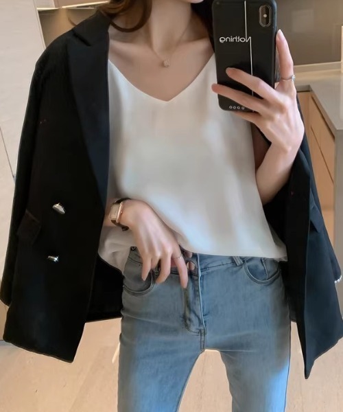 Diosfront（ディオスフロント）の「ダブル紐Vネックインナーキャミ（キャミソール・レディース・ブラック/アイボリー・M/L）」の18枚目の写真