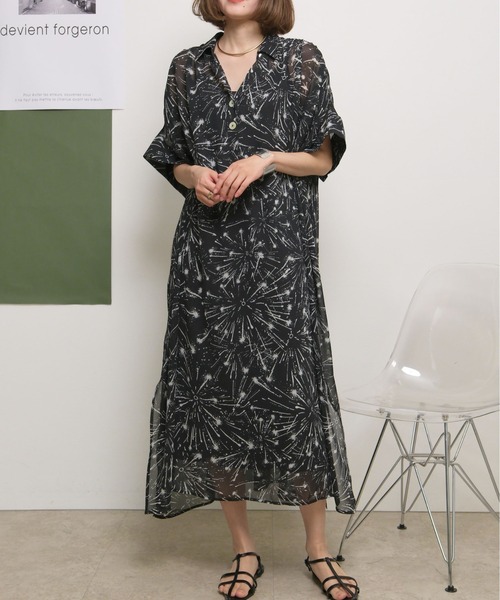 palm RICHE(ポームリシュ)の「【ペチ付き】シアーギャザーシフォンプリントリラックスワンピース(ワンピース・レディース・ブラック/オフホワイト・M)」の10枚目の写真