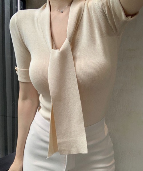 セール】Vネック ボウタイ カットソー（ニット/セーター 