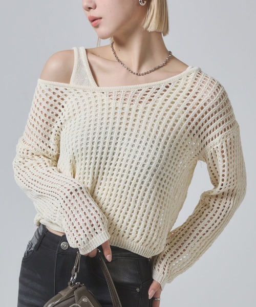 ENVYM（アンビー）の「メッシュニットアンサンブルトップス（ニット/セーター・レディース・グレー/ダークグレー/アイボリー・FREE）」の3枚目の写真