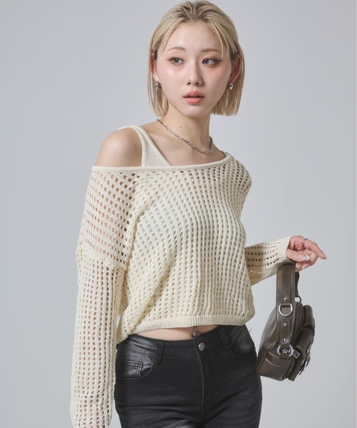 ENVYM（アンビー）の「メッシュニットアンサンブルトップス（ニット/セーター・レディース・グレー/ダークグレー/アイボリー・FREE）」の4枚目の写真