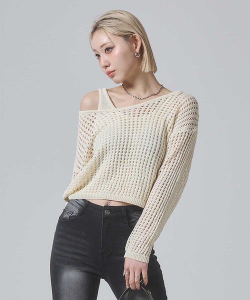 ENVYM（アンビー）の「メッシュニットアンサンブルトップス（ニット/セーター・レディース・グレー/ダークグレー/アイボリー・FREE）」の9枚目の写真