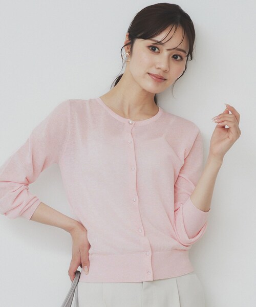 Rene ビジュー付カーディガン　S　カシミヤ混　薄ピンク　とんぼ　ビジュー SAISON DE PAPILLON カーディガン パールビジューボタンレス