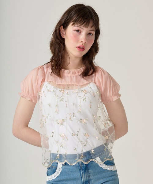 TINA：JOJUN（ティーナジョジュン）の「花柄刺繍 シアーギャザーブラウス TINA：JOJUN（シャツ/ブラウス・レディース・アイボリー/コーラルピンク・M）」の8枚目の写真