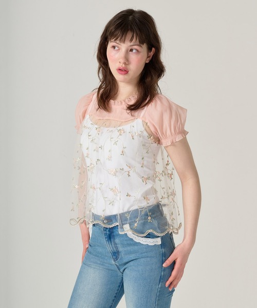 TINA：JOJUN（ティーナジョジュン）の「花柄刺繍 シアーギャザーブラウス TINA：JOJUN（シャツ/ブラウス・レディース・アイボリー/コーラルピンク・M）」の9枚目の写真