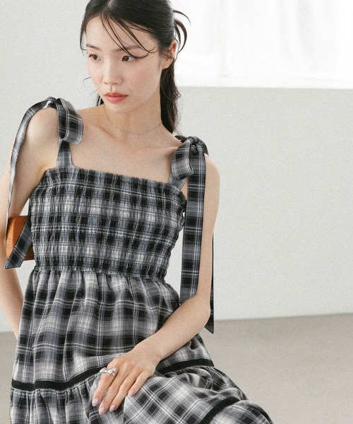 An MILLER バストギャザーリボンOP ブラックチェック バストギャザーリボンワンピース｜evelyn（エブリン）公式通販サイト