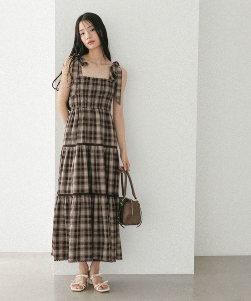 Heather オンブレチェックリボンキャミワンピース　ブラック Heather｜オンブレチェックリボンキャミワンピース | Rakuten
