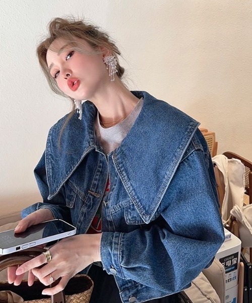 セール】ビッグカラーショートデニムジャケット（デニム