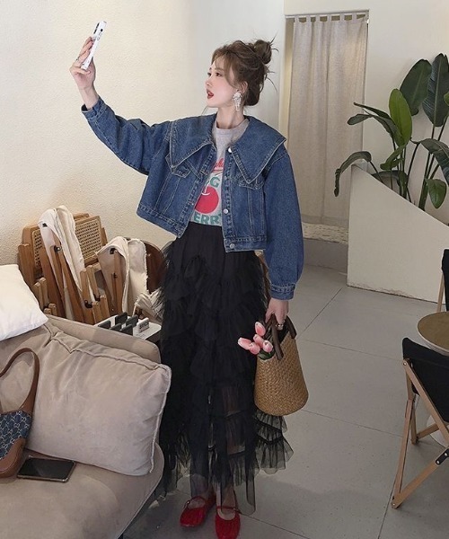 セール】ビッグカラーショートデニムジャケット（デニム