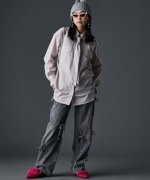 GEVS.（ジェイヴィス）の「綿100％タイ付チェックシャツ＜大きいサイズ有＞GEVS.（シャツ/ブラウス・レディース・ベージュ系/ピンク系・5L/4L/3L/LL/L/M）」の6枚目の写真