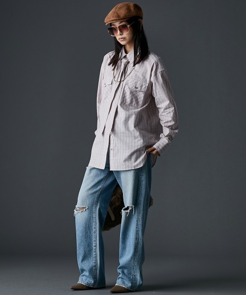 GEVS.（ジェイヴィス）の「綿100％タイ付チェックシャツ＜大きいサイズ有＞GEVS.（シャツ/ブラウス・レディース・ベージュ系/ピンク系・5L/4L/3L/LL/L/M）」の7枚目の写真