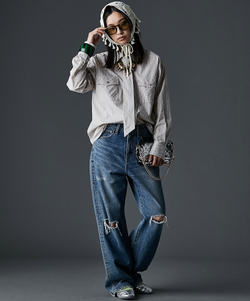 GEVS.（ジェイヴィス）の「綿100％タイ付チェックシャツ＜大きいサイズ有＞GEVS.（シャツ/ブラウス・レディース・ベージュ系/ピンク系・5L/4L/3L/LL/L/M）」の10枚目の写真