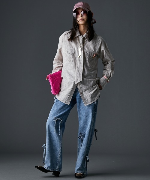 GEVS.（ジェイヴィス）の「綿100％タイ付チェックシャツ＜大きいサイズ有＞GEVS.（シャツ/ブラウス・レディース・ベージュ系/ピンク系・5L/4L/3L/LL/L/M）」の12枚目の写真