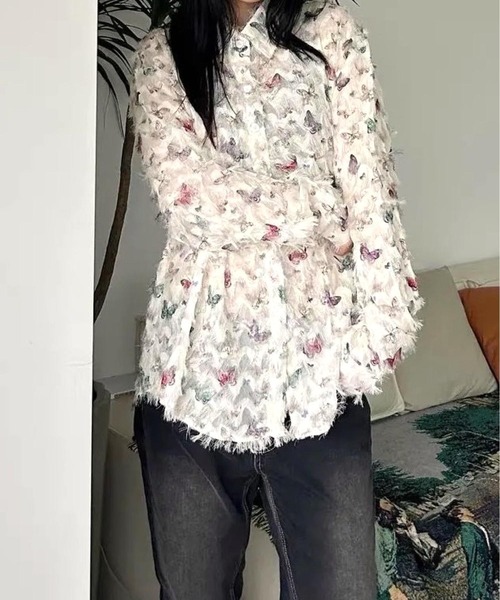 CANVAS+（キャンバスプラス）の「【CANVAS+】バタフライプリントシアーシャツ（シャツ/ブラウス・レディース・ホワイト・M）」の9枚目の写真