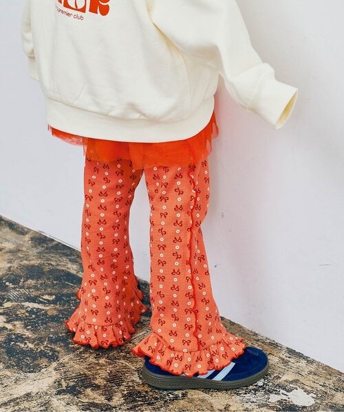 ジュニア対応】総柄ストレッチワッフル裾フリルフレアパンツ（その他