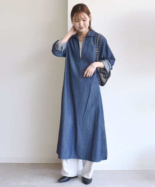 SHIPS（シップス）の「【WEB限定】〈洗濯機可能〉スキッパー デニム ワンピース（ワンピース・レディース・ブルー/ネイビー・ONE SIZE）」の6枚目の写真