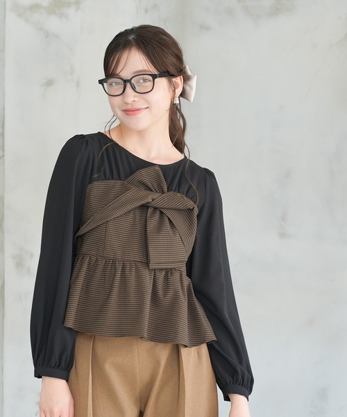 ASTORIA ODIER(アストリアオディール)の「ツイストリボンドッキングブラウス(シャツ/ブラウス・レディース・ブラック/ブラウン/グレー・MEDIUM)」の1枚目の写真