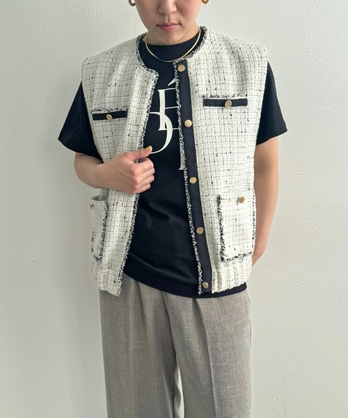 LHELBIE(レルビエ)の「フリンジツイードベスト(ベスト・レディース・オフホワイト/ブラック・M)」の8枚目の写真