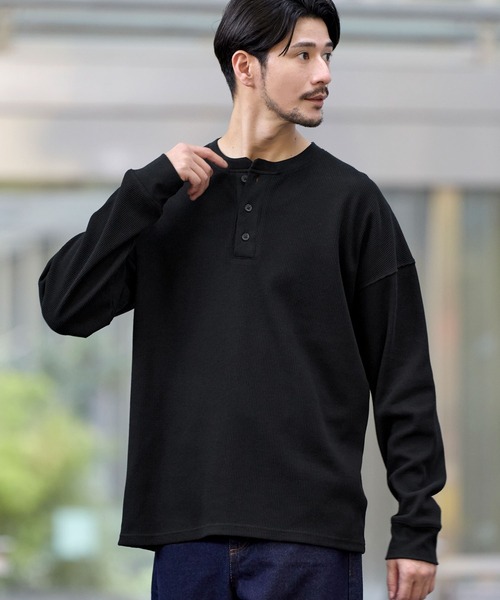 SPU（スプ）の「抗菌防臭ワッフルクルーネック＆ヘンリーネックロンT（Tシャツ/カットソー・メンズ・ホワイト/ブラック系/チャコール/ホワイト系/ブラック/グレー系・S/M/L/XL）」の7枚目の写真