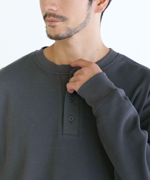SPU（スプ）の「抗菌防臭ワッフルクルーネック＆ヘンリーネックロンT（Tシャツ/カットソー・メンズ・ホワイト/ブラック系/チャコール/ホワイト系/ブラック/グレー系・S/M/L/XL）」の15枚目の写真