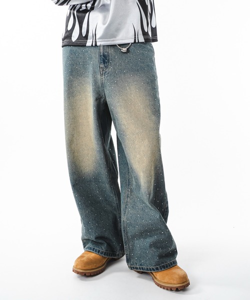 SHORT ROUND(ショートラウンド)の「SHORT ROUND/【25年秋冬新作】スーパーバギーラインストーンデニムパンツ(デニムパンツ・メンズ・コバルトブルー/ブラック系3・MEDIUM/LARGE)」の2枚目の写真