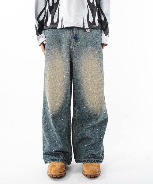 SHORT ROUND(ショートラウンド)の「SHORT ROUND/【25年秋冬新作】スーパーバギーラインストーンデニムパンツ(デニムパンツ・メンズ・コバルトブルー/ブラック系3・MEDIUM/LARGE)」の7枚目の写真