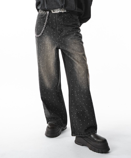 SHORT ROUND(ショートラウンド)の「SHORT ROUND/【25年秋冬新作】スーパーバギーラインストーンデニムパンツ(デニムパンツ・メンズ・コバルトブルー/ブラック系3・MEDIUM/LARGE)」の4枚目の写真