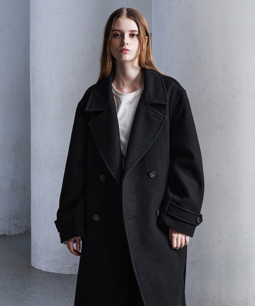 CLEL クレイル テックメルトンルーズ ダブルチェスターコート 黒 CLEL】Tech Melton Loose Double Chester Court/テックメルトン