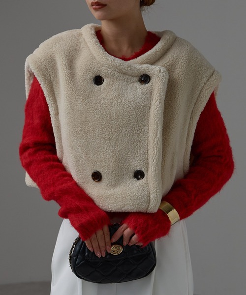 r.（アールドット）の「テディボア　ノーカラーショートベスト（その他アウター・レディース・キャメル/モカ/チャコールグレー/ライトベージュ・FREE）」の4枚目の写真