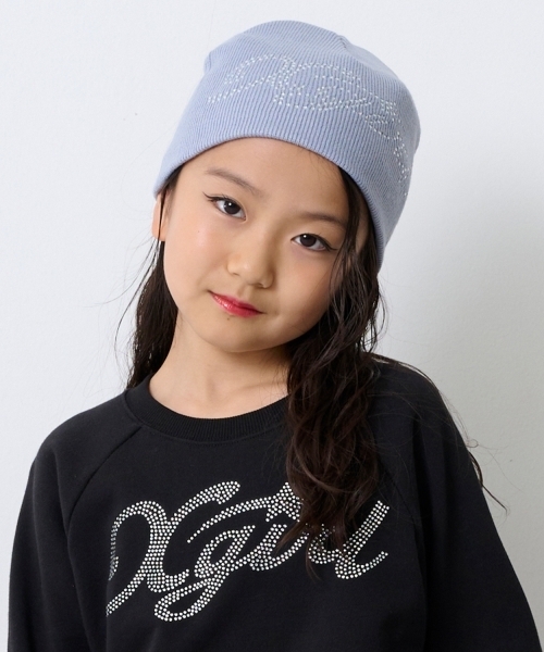 X-girl Stages（エックスガールステージス）の「ラインストーンロゴニットビーニー（ニットキャップ/ビーニー・キッズ・ライトブルー/ブラック・F）」の2枚目の写真