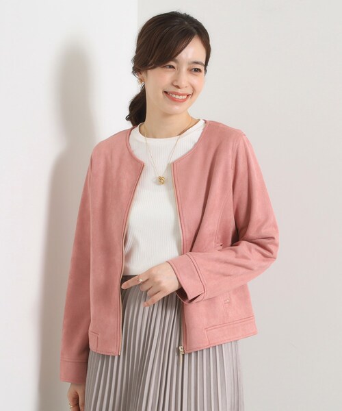 ITS'DEMO(イッツデモ)の「カットフェイクスエードジャケット(ノーカラージャケット・レディース・ベージュ/ナチュラル/ベビーピンク・00)」の3枚目の写真