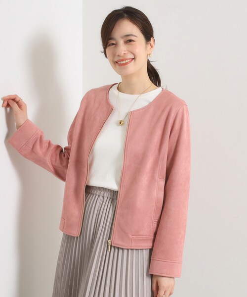 ITS'DEMO(イッツデモ)の「カットフェイクスエードジャケット(ノーカラージャケット・レディース・ベージュ/ナチュラル/ベビーピンク・00)」の6枚目の写真