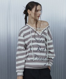 SETUPEXE（セットアップイーエックスイー）の「A'GEM/9 × .kom 『SETUPEXE/セットアップイーエックスイー』 STRIPE V-NECK MTM/ボーダーレースアップオフショルダーニットプルオーバー（ニット/セーター）」