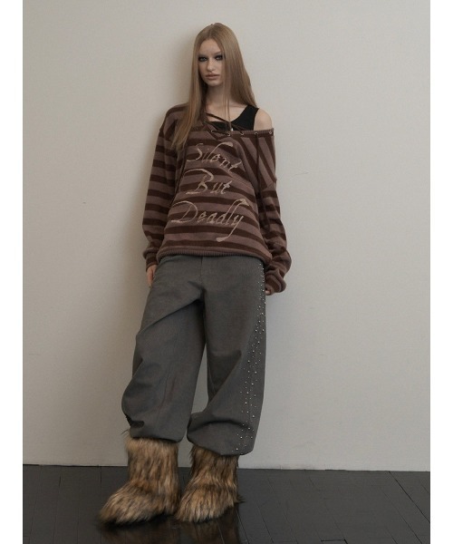 SETUPEXE(セットアップイーエックスイー)の「A'GEM/9 × .kom 『SETUPEXE/セットアップイーエックスイー』 STRIPE V-NECK MTM/ボーダーレースアップオフショルダーニットプルオーバー(ニット/セーター・レディース・アイボリー/ブラック/ブラウン・FREE)」の19枚目の写真