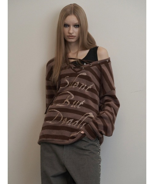 SETUPEXE(セットアップイーエックスイー)の「A'GEM/9 × .kom 『SETUPEXE/セットアップイーエックスイー』 STRIPE V-NECK MTM/ボーダーレースアップオフショルダーニットプルオーバー(ニット/セーター・レディース・アイボリー/ブラック/ブラウン・FREE)」の18枚目の写真