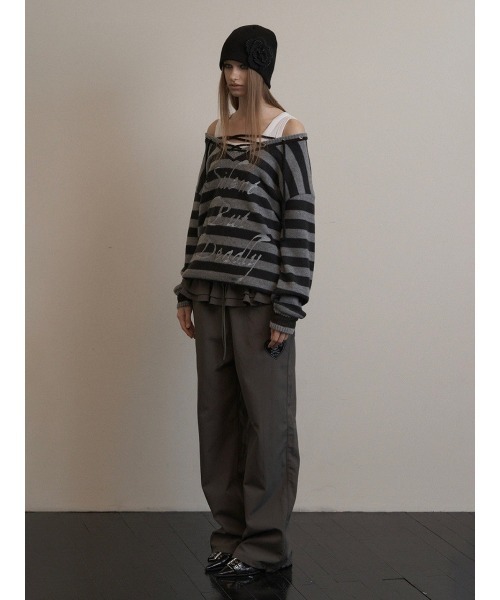 SETUPEXE(セットアップイーエックスイー)の「A'GEM/9 × .kom 『SETUPEXE/セットアップイーエックスイー』 STRIPE V-NECK MTM/ボーダーレースアップオフショルダーニットプルオーバー(ニット/セーター・レディース・アイボリー/ブラック/ブラウン・FREE)」の16枚目の写真