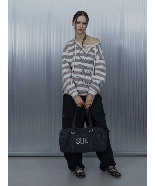 SETUPEXE(セットアップイーエックスイー)の「A'GEM/9 × .kom 『SETUPEXE/セットアップイーエックスイー』 STRIPE V-NECK MTM/ボーダーレースアップオフショルダーニットプルオーバー(ニット/セーター・レディース・アイボリー/ブラック/ブラウン・FREE)」の6枚目の写真