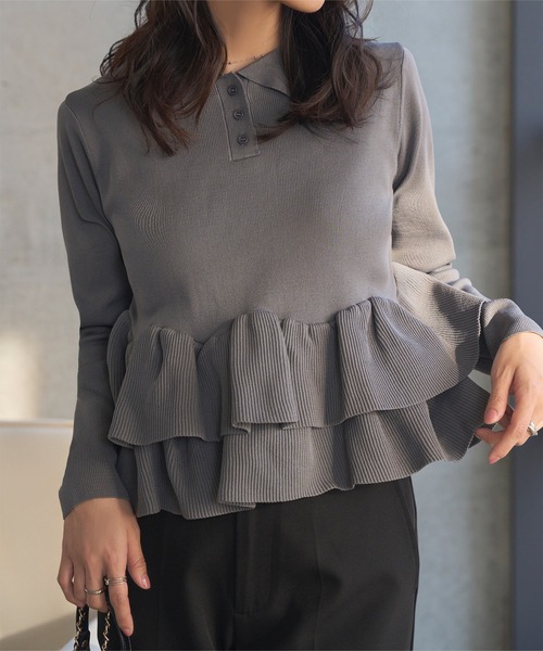 セール】裾フリルニットポロロングスリーブ（ニット/セーター）｜KOBE