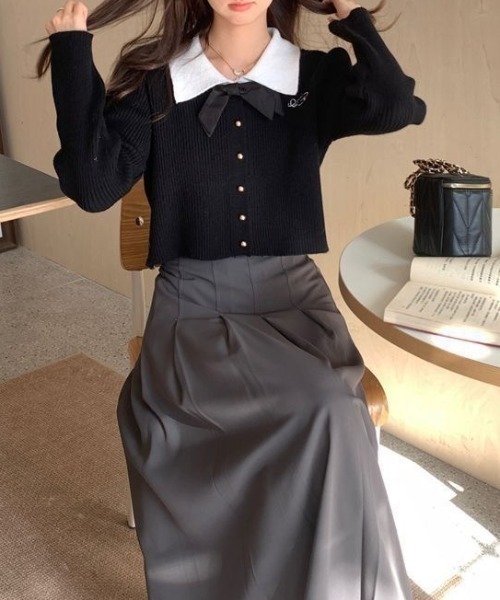 セール】リボン付きバイカラー短丈リブニット（ニット/セーター