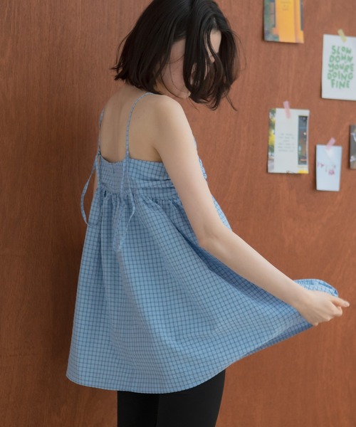 HEILIS(ヘイリス)の「チェックギャザーチュニックキャミソール / チェック柄 キャミ ノースリーブ 韓国 春服 夏服 ガーリー トレンド キャミソール イエロー ブラウン ブルー 茶 黄 青 チュニック トップス(キャミソール・レディース・ブルー/ブラウン・FREE)」の20枚目の写真