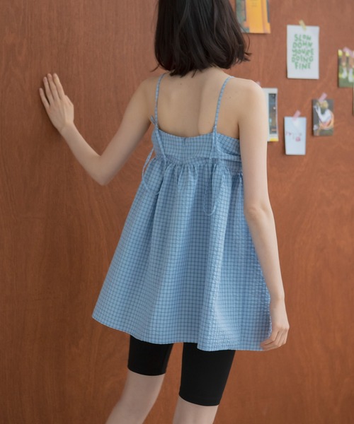 HEILIS(ヘイリス)の「チェックギャザーチュニックキャミソール / チェック柄 キャミ ノースリーブ 韓国 春服 夏服 ガーリー トレンド キャミソール イエロー ブラウン ブルー 茶 黄 青 チュニック トップス(キャミソール・レディース・ブルー/ブラウン・FREE)」の21枚目の写真