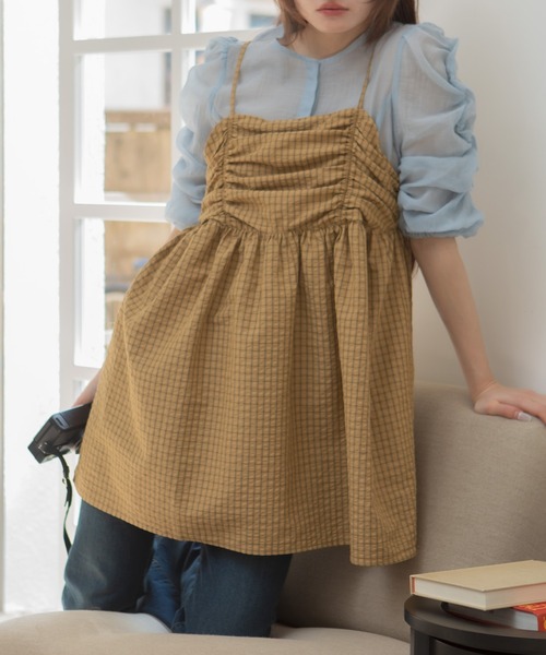 HEILIS(ヘイリス)の「チェックギャザーチュニックキャミソール / チェック柄 キャミ ノースリーブ 韓国 春服 夏服 ガーリー トレンド キャミソール イエロー ブラウン ブルー 茶 黄 青 チュニック トップス(キャミソール・レディース・ブルー/ブラウン・FREE)」の9枚目の写真