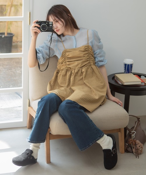 HEILIS(ヘイリス)の「チェックギャザーチュニックキャミソール / チェック柄 キャミ ノースリーブ 韓国 春服 夏服 ガーリー トレンド キャミソール イエロー ブラウン ブルー 茶 黄 青 チュニック トップス(キャミソール・レディース・ブルー/ブラウン・FREE)」の6枚目の写真